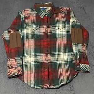 Kavu Flannel Shirt Womens L Red Green Plaid Long Sleeve Button Up Elbow Patch